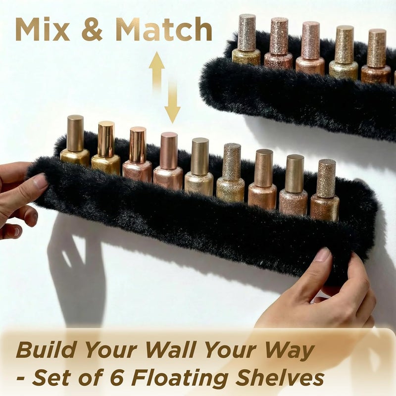 YMVV Wall-Mounted Nail Polish Organizer Rack - 15-Inch Plush Nail Polish Shelf, Makeup & Beauty Essentials Storage - Multi-Purpose Display Holder for Small Space, Vanity Bathroom, 6 Pack Black - Image 4